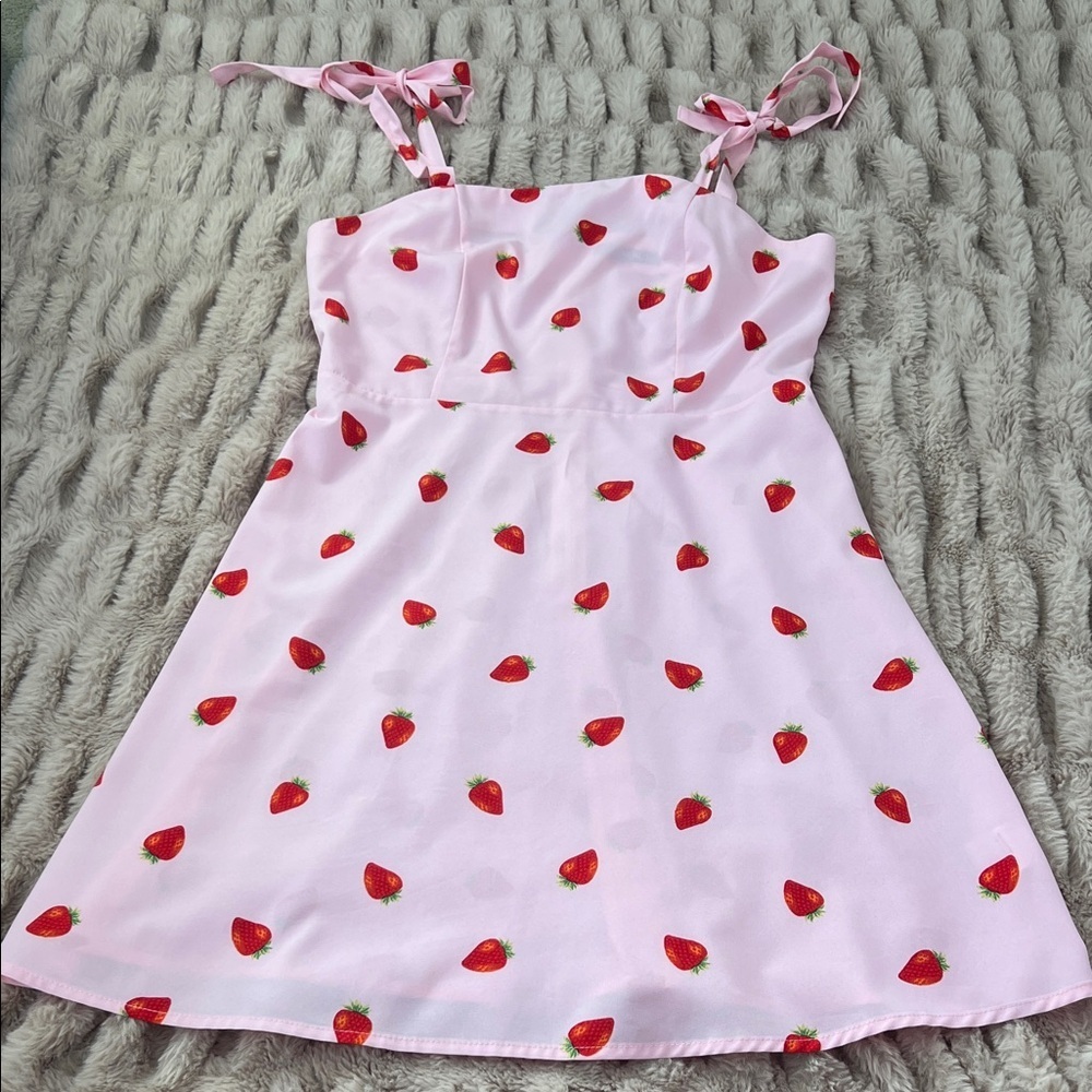 SHEIN Pink Strawberry Print Tie Strap Mini Dress | Size M